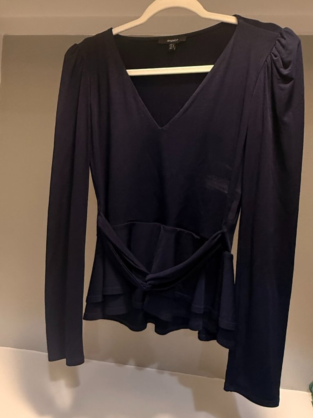 Navy Blue Peplum Long Sleeve Top — Classic Work Office Casual
